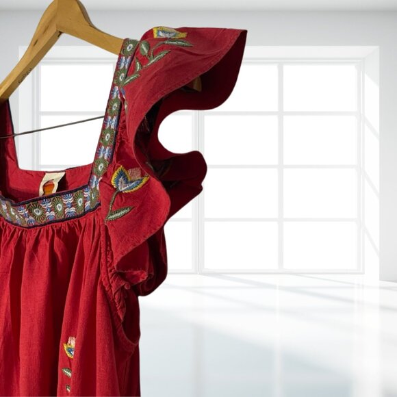 FARM RIO XL Embroidered Linen-Blend Maxi Dress Pockets Boho Festival - Picture 8 of 14